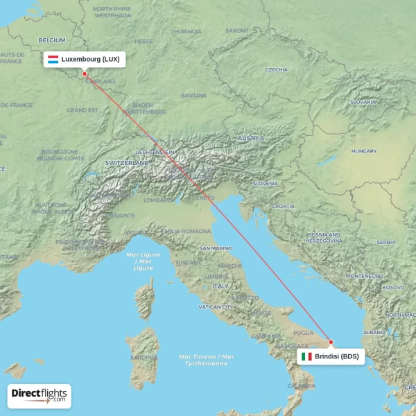Brindisi - Luxembourg direct flight map