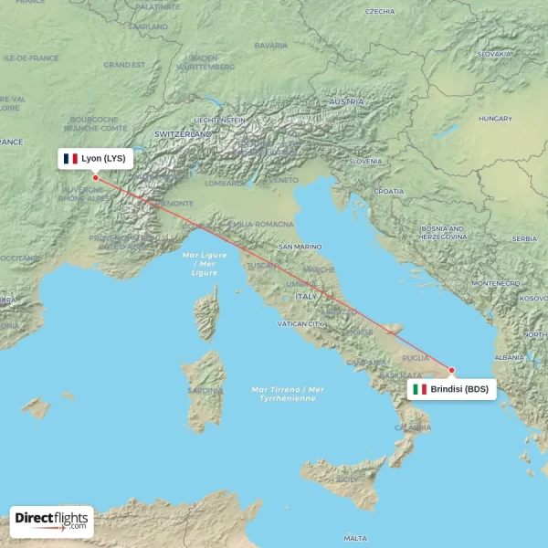 Brindisi - Lyon direct flight map