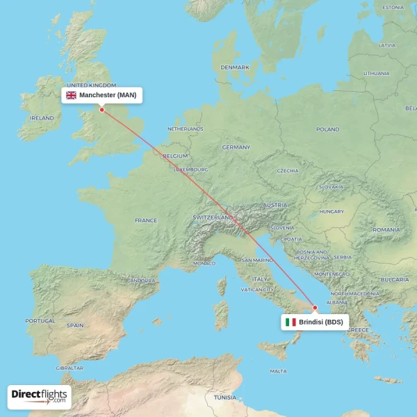Brindisi - Manchester direct flight map