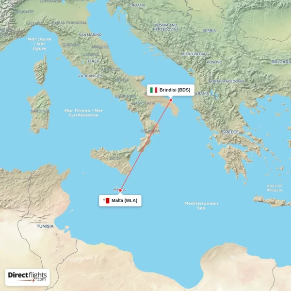 Brindisi - Malta direct flight map
