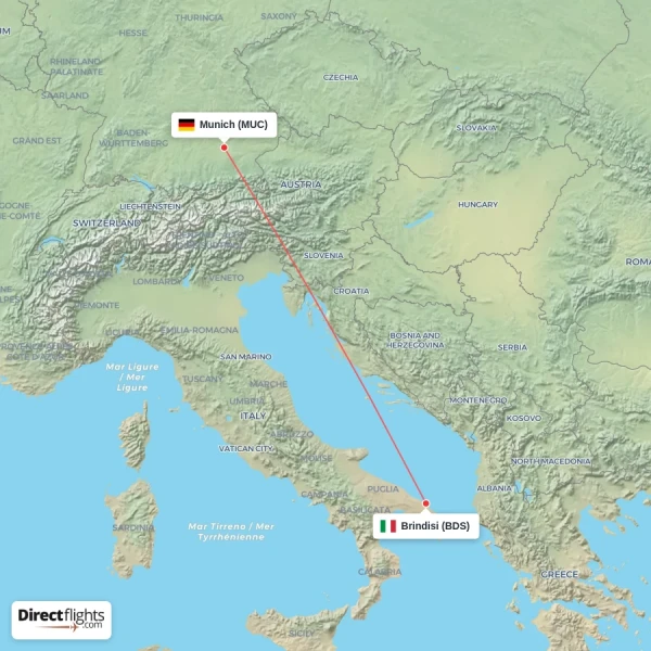 Brindisi - Munich direct flight map
