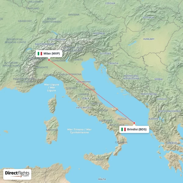 Brindisi - Milan direct flight map