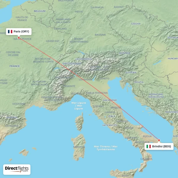 Brindisi - Paris direct flight map