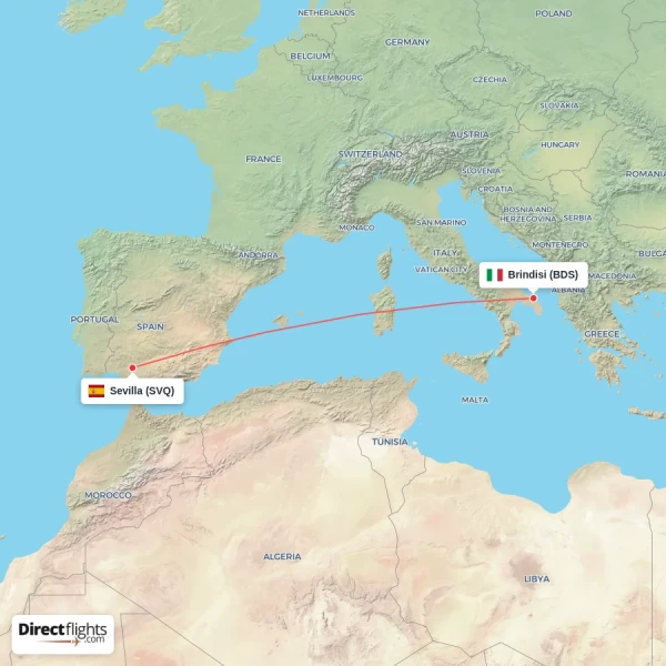 Brindisi - Sevilla direct flight map