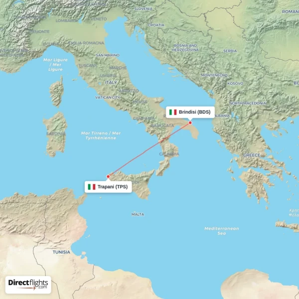 Brindisi - Trapani direct flight map