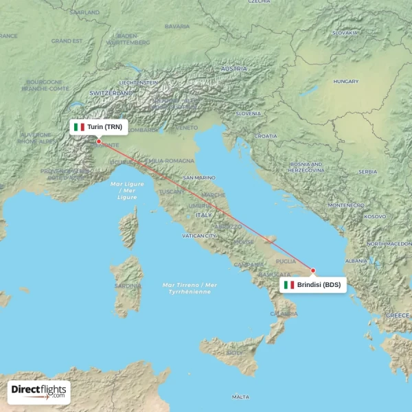 Brindisi - Turin direct flight map