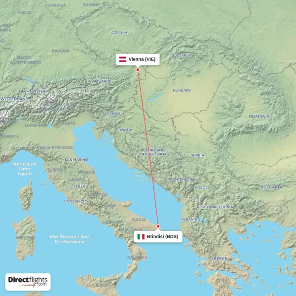 Brindisi - Vienna direct flight map