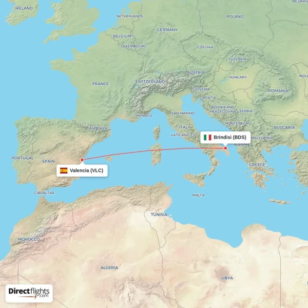 Brindisi - Valencia direct flight map