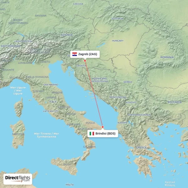 Brindisi - Zagreb direct flight map