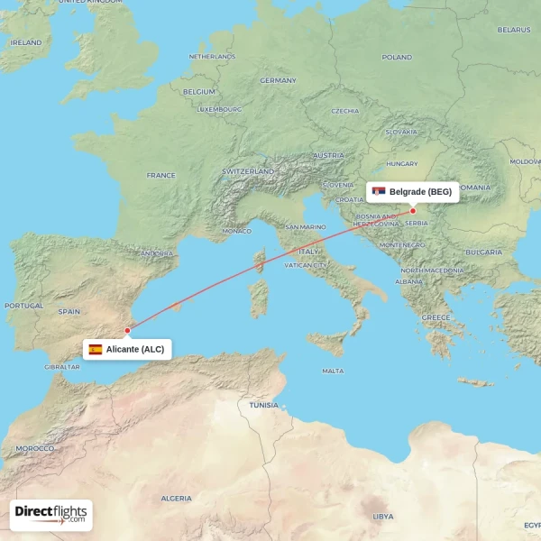 Belgrade - Alicante direct flight map