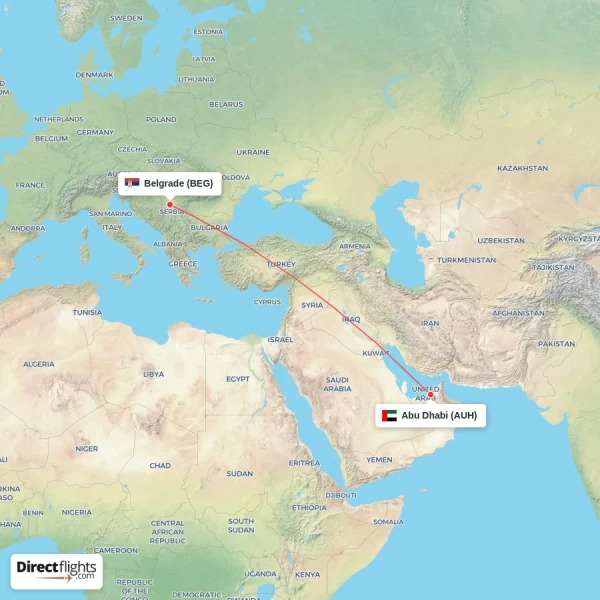 Belgrade - Abu Dhabi direct flight map