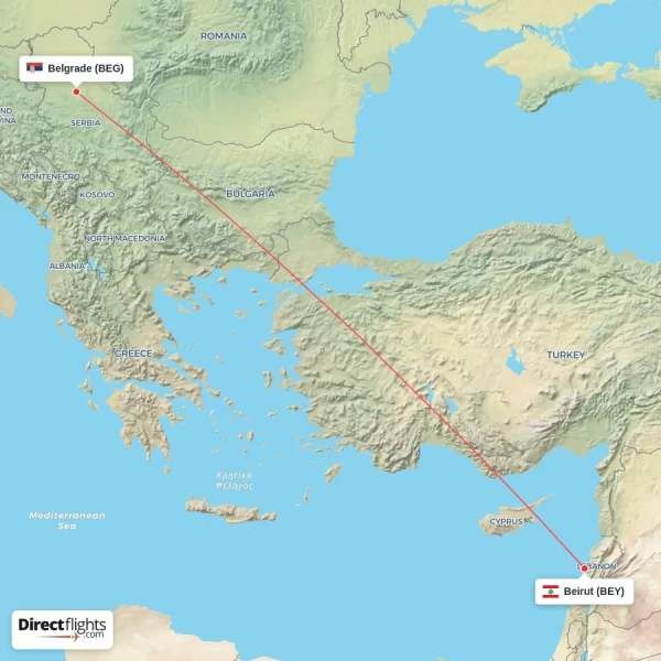 Belgrade - Beirut direct flight map