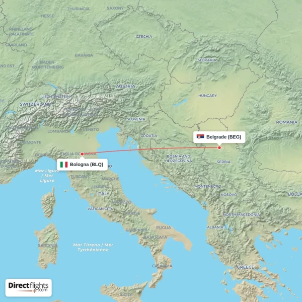 Belgrade - Bologna direct flight map