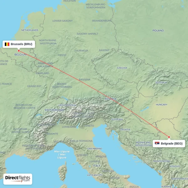 Belgrade - Brussels direct flight map