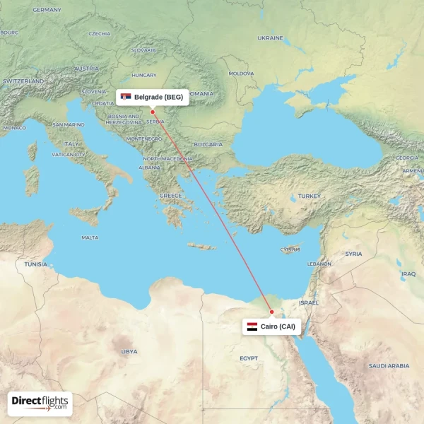 Belgrade - Cairo direct flight map