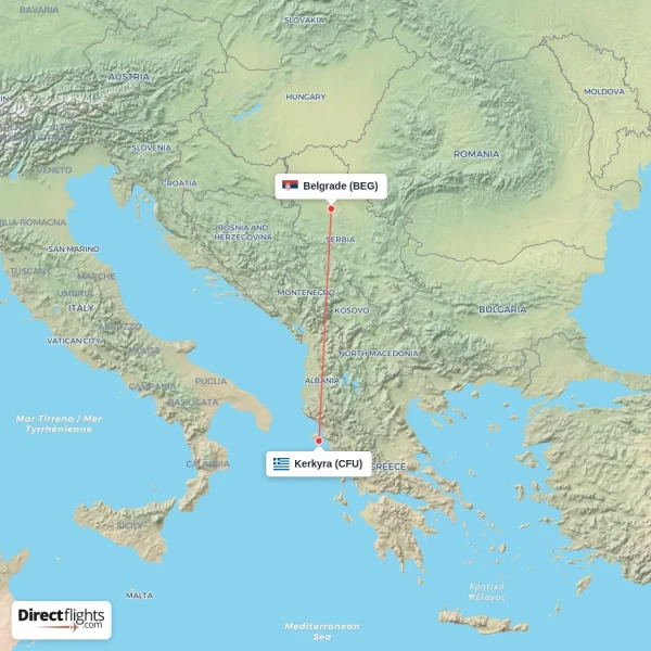 Belgrade - Kerkyra direct flight map