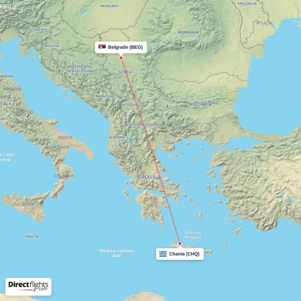 Belgrade - Chania direct flight map
