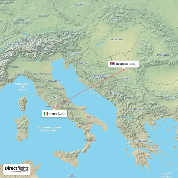 Belgrade - Rome direct flight map