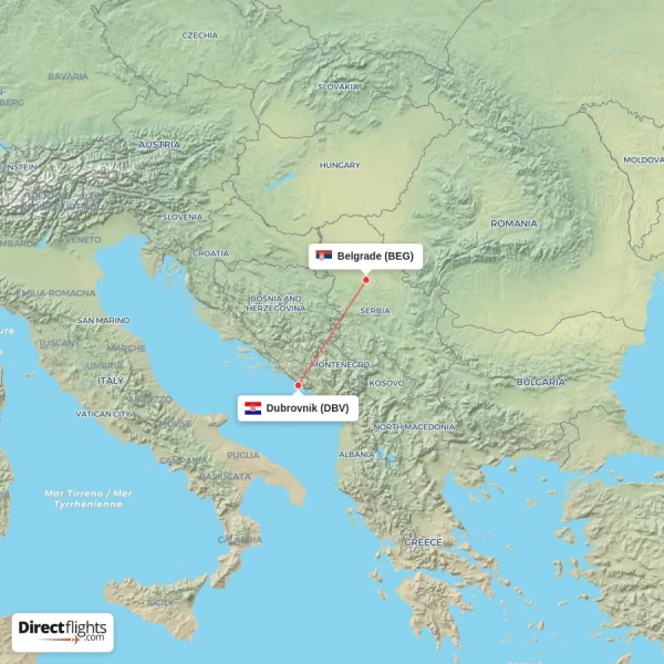 Belgrade - Dubrovnik direct flight map