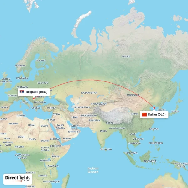 Belgrade - Dalian direct flight map