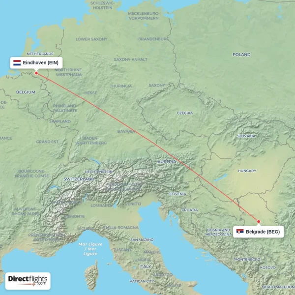Belgrade - Eindhoven direct flight map