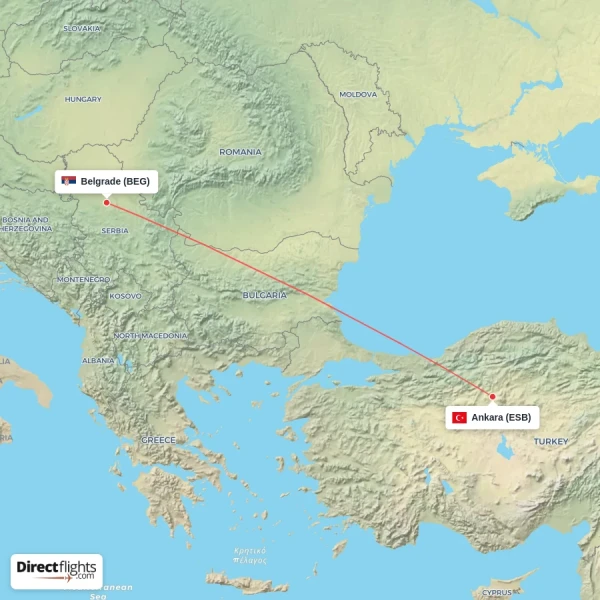 Belgrade - Ankara direct flight map