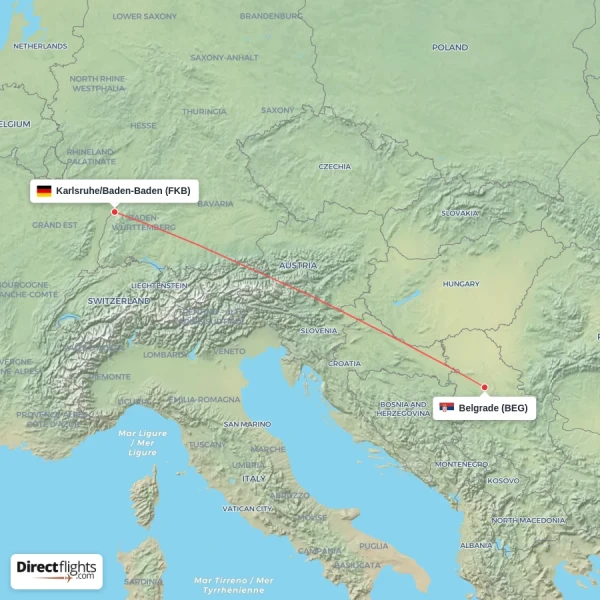 Belgrade - Karlsruhe/Baden-Baden direct flight map