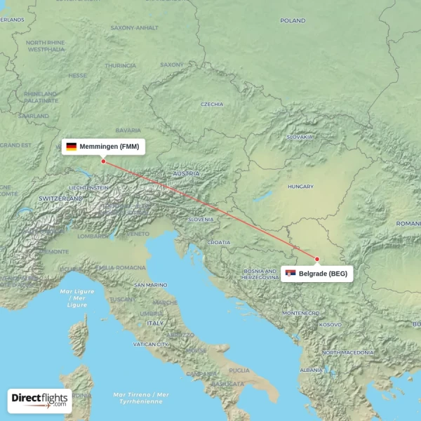Belgrade - Memmingen direct flight map