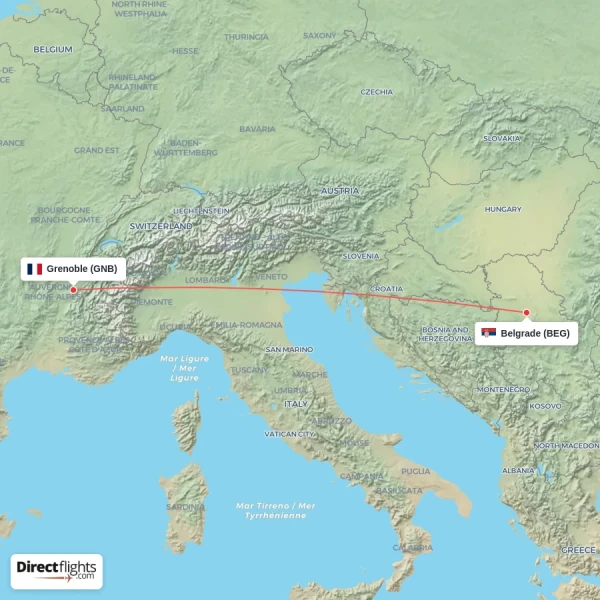 Belgrade - Grenoble direct flight map
