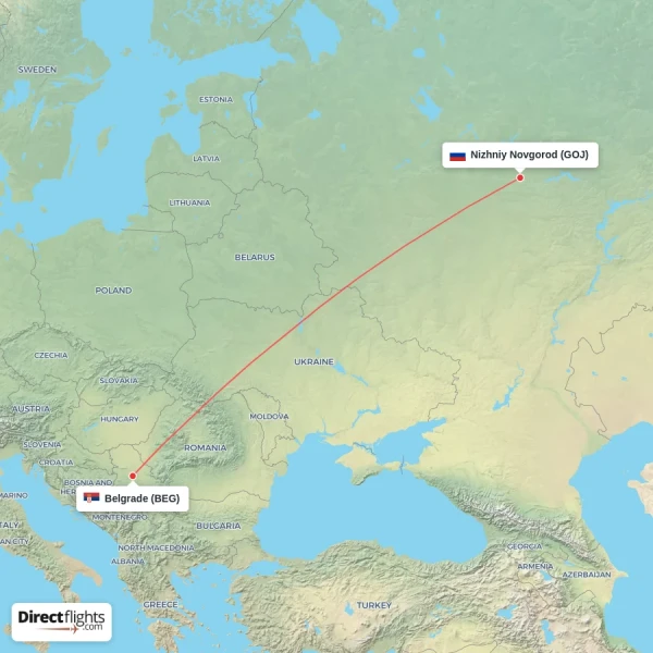 Belgrade - Nizhniy Novgorod direct flight map