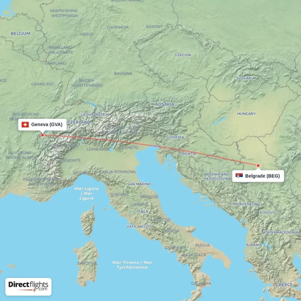 Belgrade - Geneva direct flight map