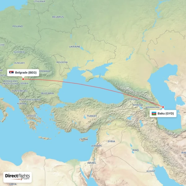 Belgrade - Baku direct flight map