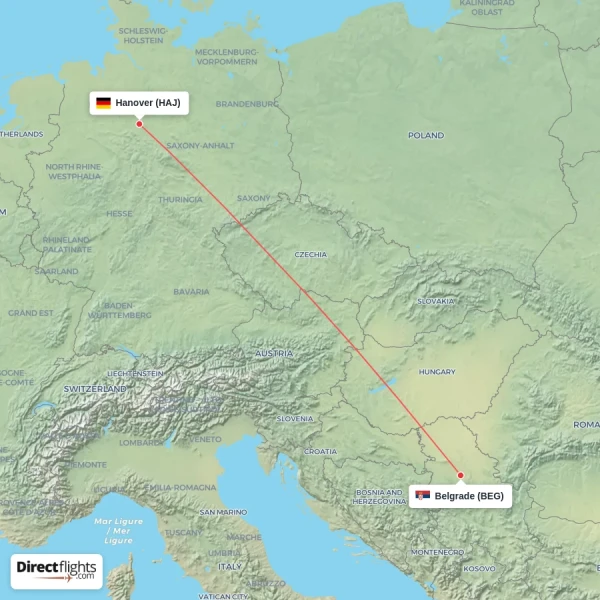 Belgrade - Hanover direct flight map