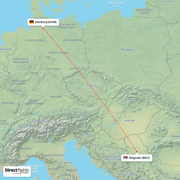 Belgrade - Hamburg direct flight map