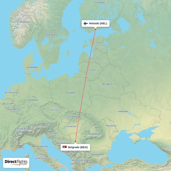 Belgrade - Helsinki direct flight map