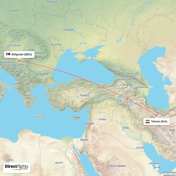 Belgrade - Tehran direct flight map
