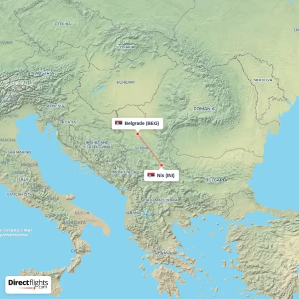 Belgrade - Nis direct flight map