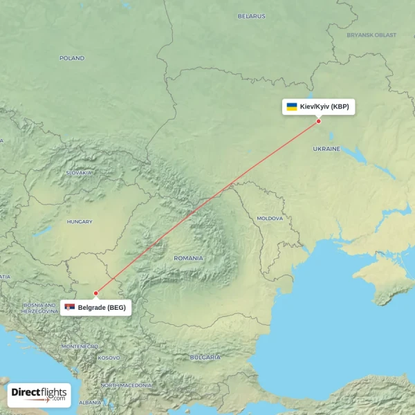 Belgrade - Kiev/Kyiv direct flight map