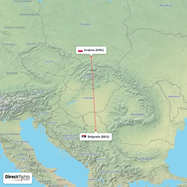 Belgrade - Krakow direct flight map