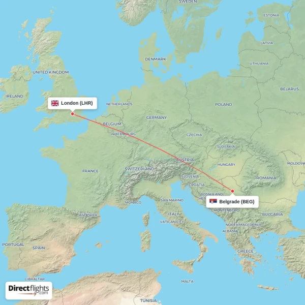 Belgrade - London direct flight map