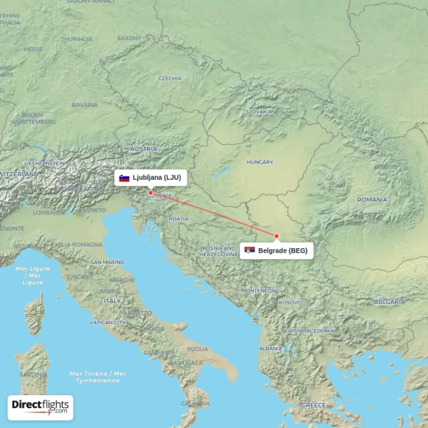 Belgrade - Ljubljana direct flight map