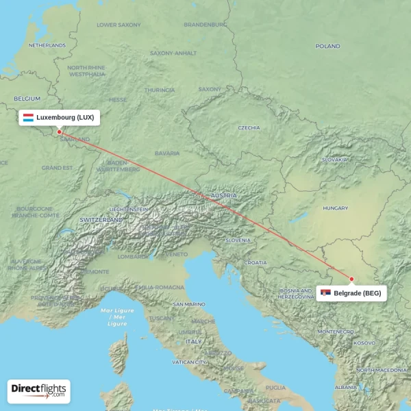 Belgrade - Luxembourg direct flight map