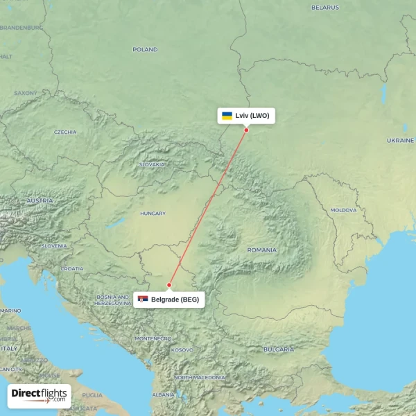 Belgrade - Lviv direct flight map