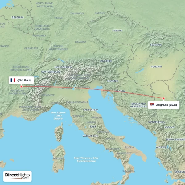 Belgrade - Lyon direct flight map