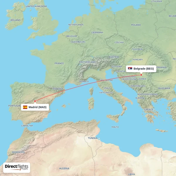 Belgrade - Madrid direct flight map