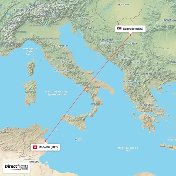 Belgrade - Monastir direct flight map