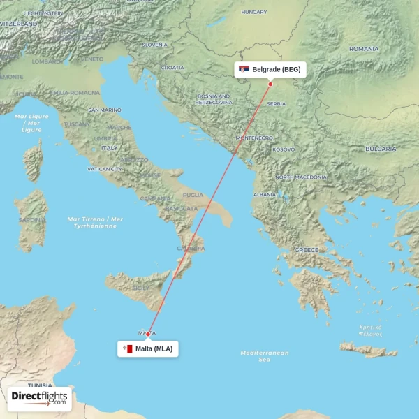 Belgrade - Malta direct flight map