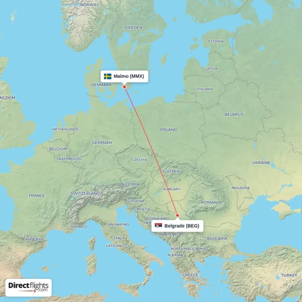 Belgrade - Malmo direct flight map