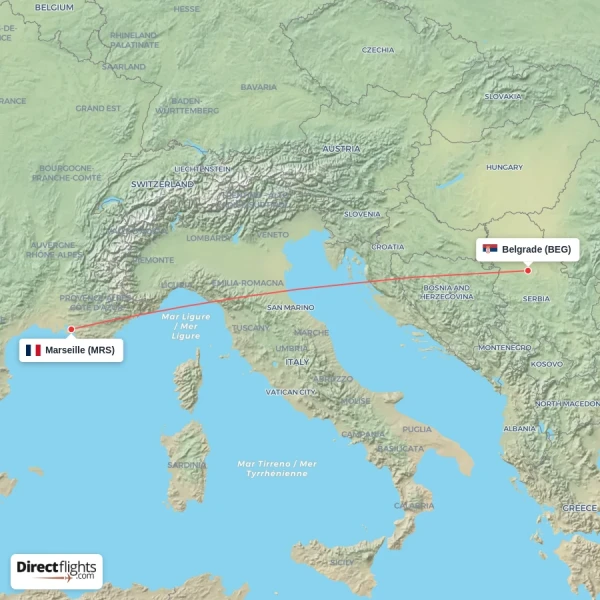 Belgrade - Marseille direct flight map