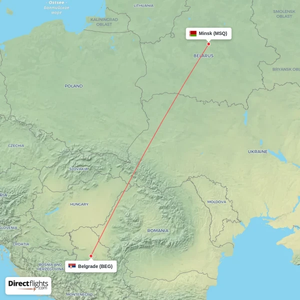 Belgrade - Minsk direct flight map